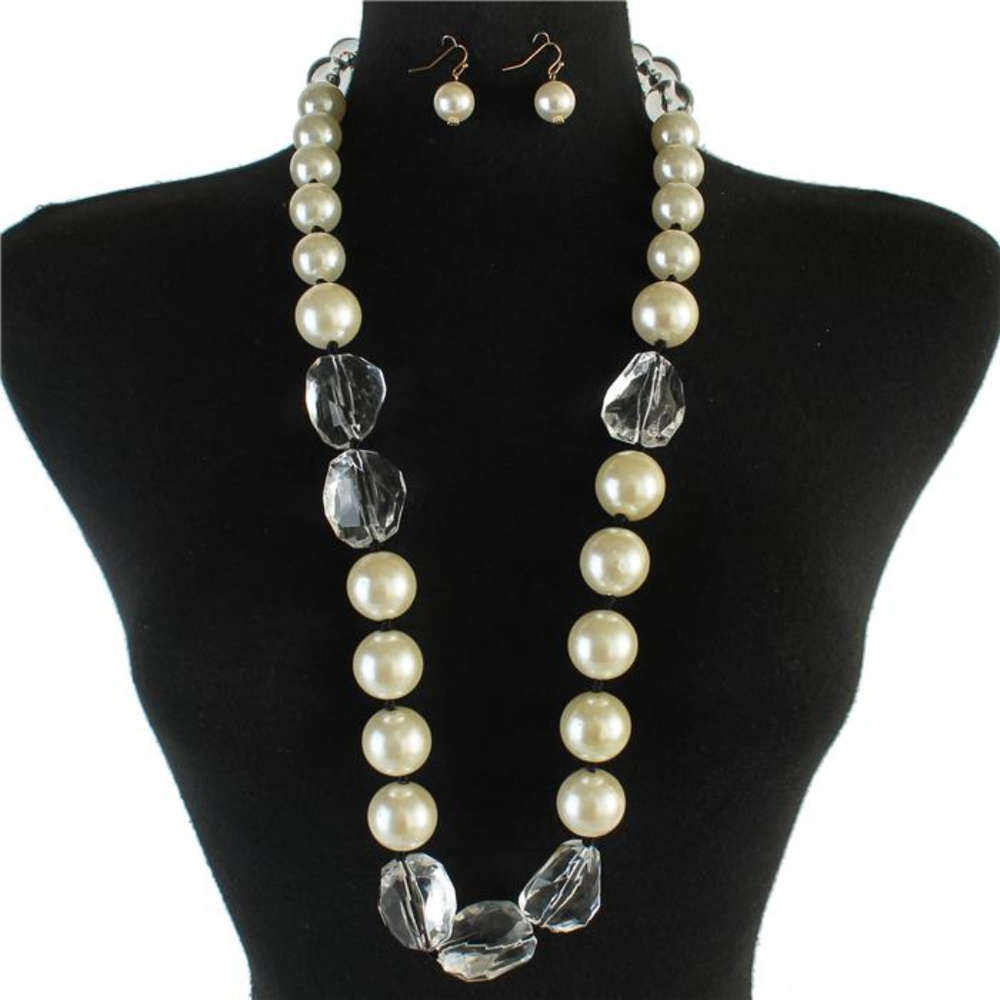 Cream And Clear Lucite Bead Long Necklace Earring
